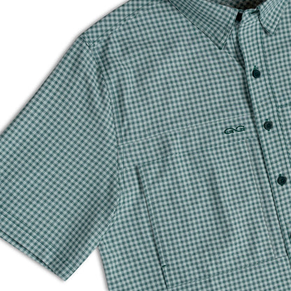 GameGuard Mallard TekCheck Shirt in green and navy with a plaid pattern, casual long-sleeve shirt for outdoor or everyday wear.