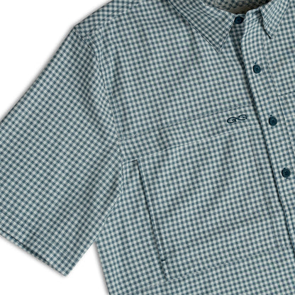 Oceanic TekCheck Shirt by GameGuard featuring a blue and white checkered pattern, casual men's shirt with button-down front.