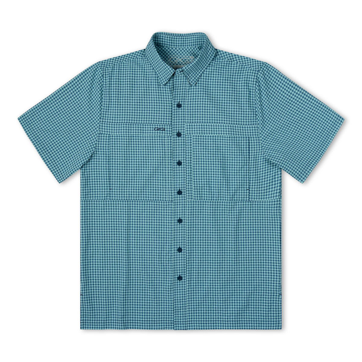 Sea Glass TekCheck Shirt by GameGuard, featuring a stylish checkered pattern and casual fit in the image.
