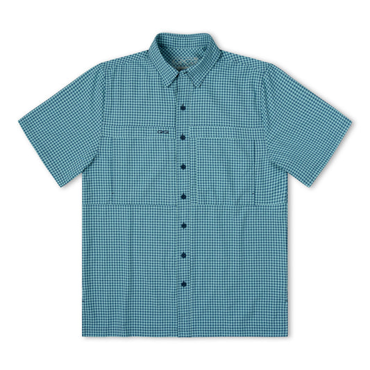 Sea Glass TekCheck Shirt by GameGuard, featuring a stylish checkered pattern and casual fit in the image.