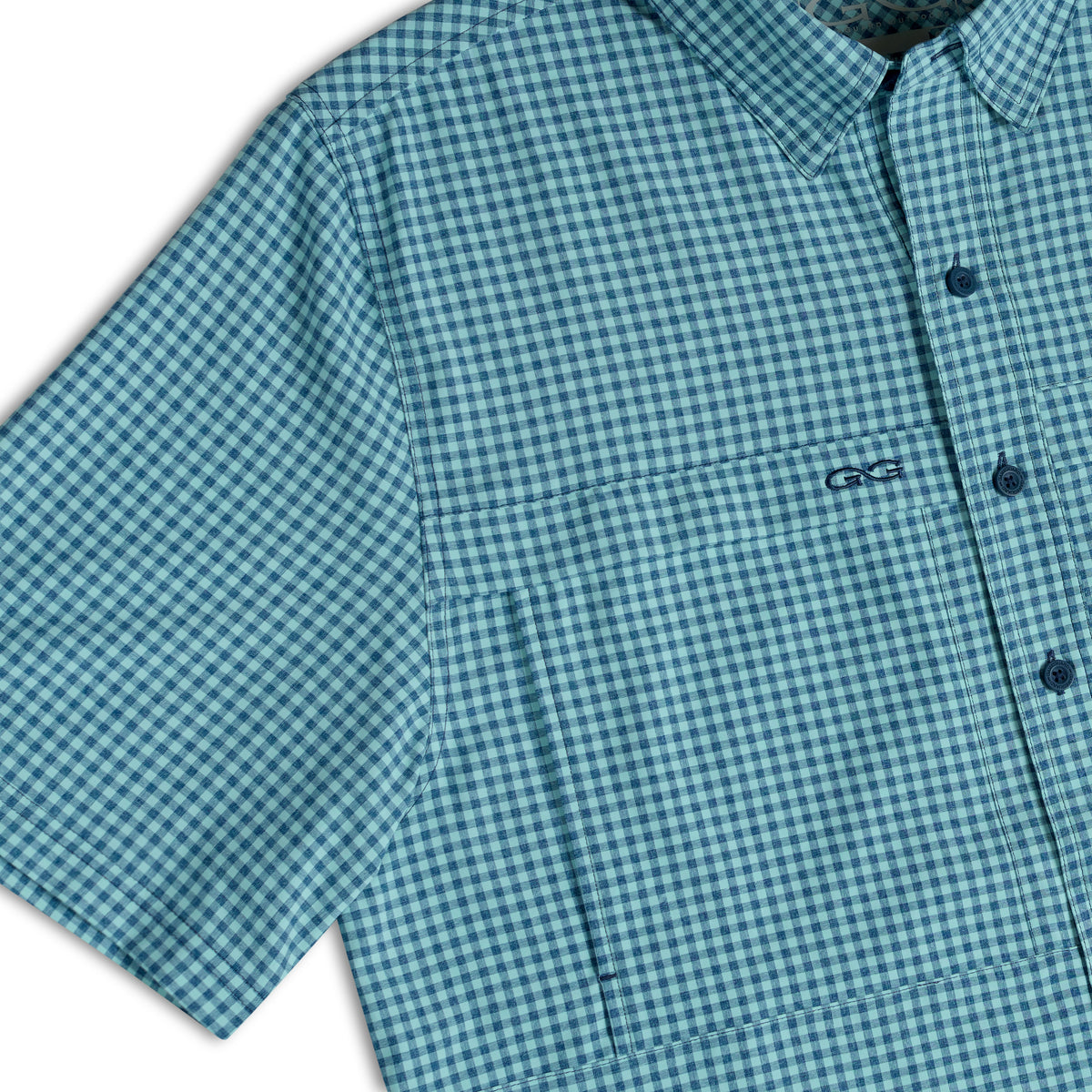 Sea Glass TekCheck shirt by GameGuard, featuring a stylish checkered pattern in sea glass colors, casual wear for outdoor adventures.