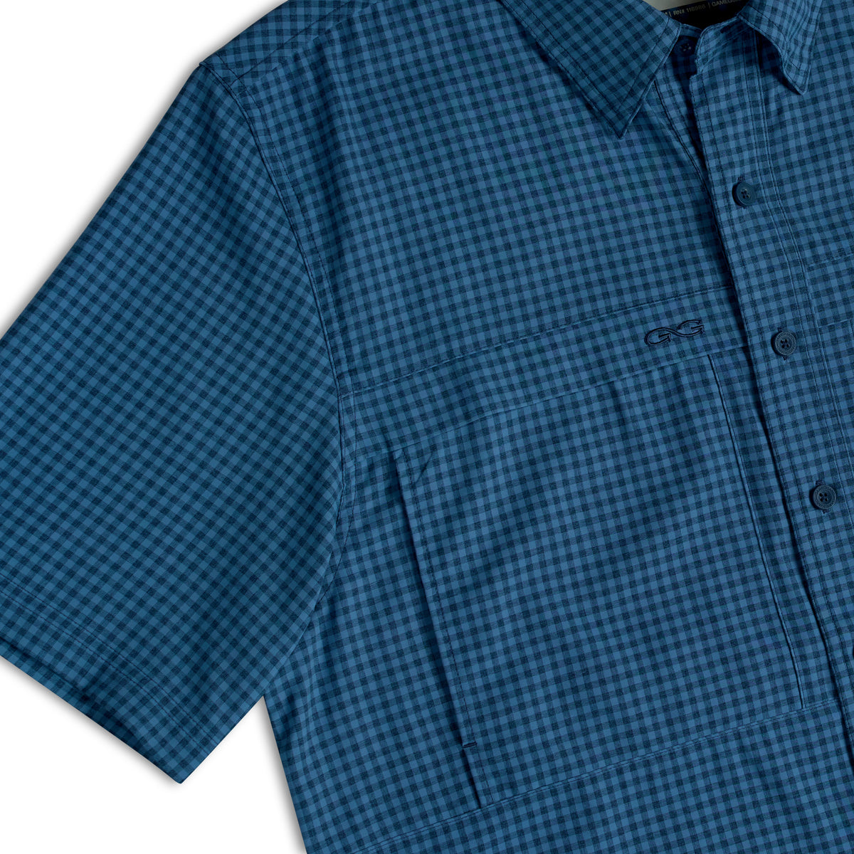 Slate TekCheck shirt by GameGuard, featuring a classic plaid pattern, long sleeves, and button-up front.