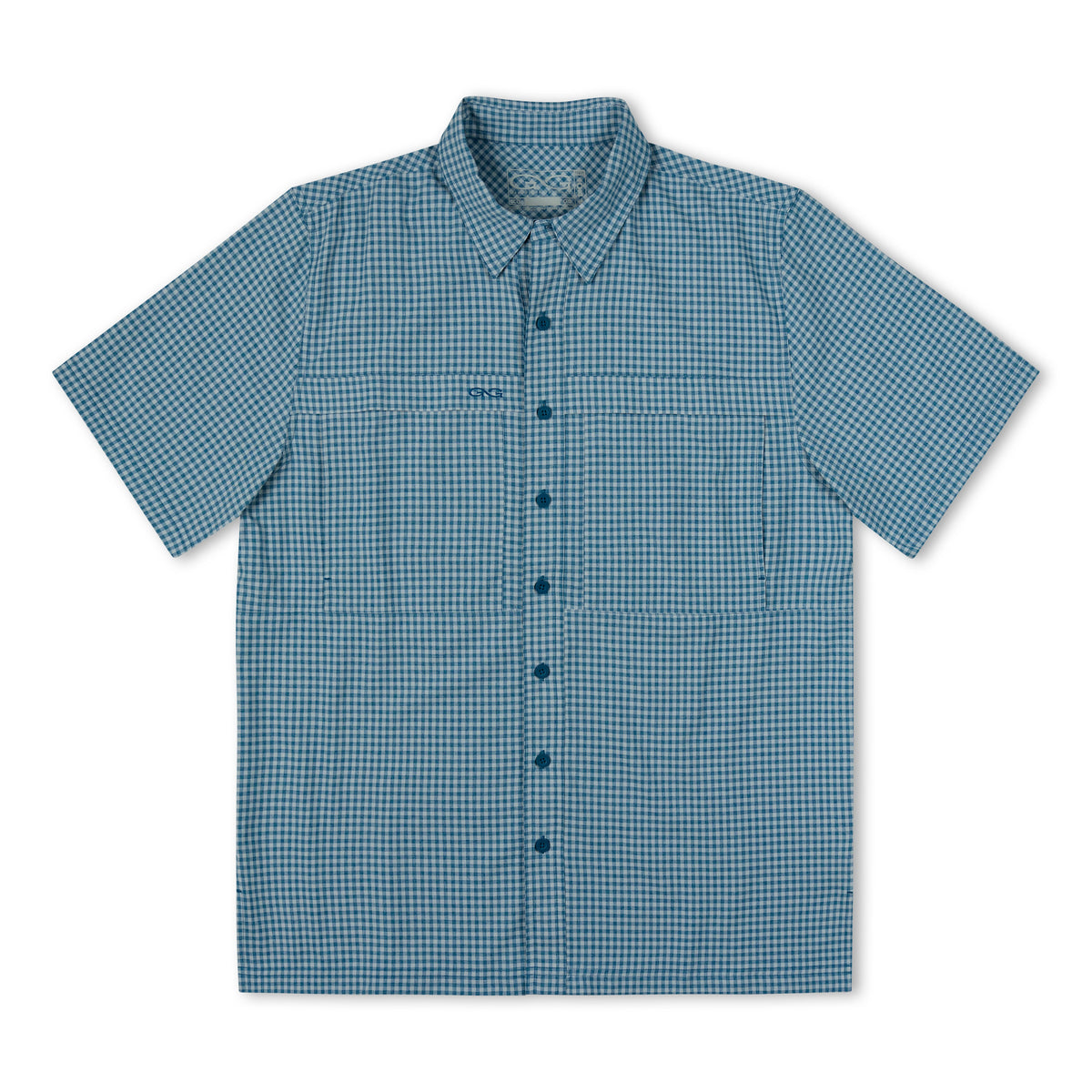 GameGuard Wahoo TekCheck Shirt in blue and white with a checkered pattern, casual fit, and short sleeves.