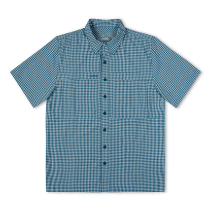 GameGuard Wahoo TekCheck Shirt in blue and white with a checkered pattern, casual fit, and short sleeves.