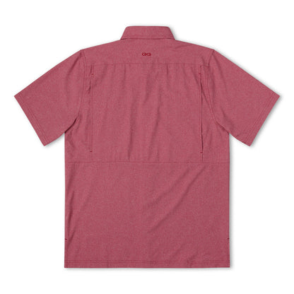 Crimson MicroTek shirt by GameGuard showing a close-up of the vibrant red fabric and detailed stitching.