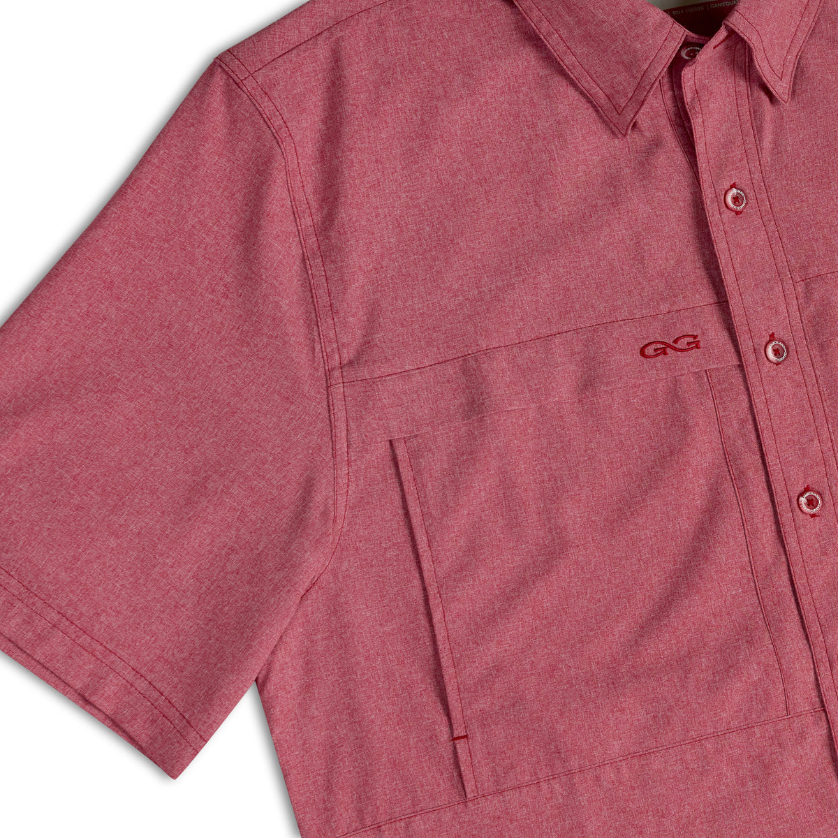 Crimson MicroTek Shirt by GameGuard, close-up image showing the vibrant red fabric and sleek design of the microtech shirt.