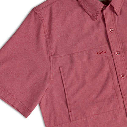 Crimson MicroTek Shirt by GameGuard, close-up image showing the vibrant red fabric and sleek design of the microtech shirt.