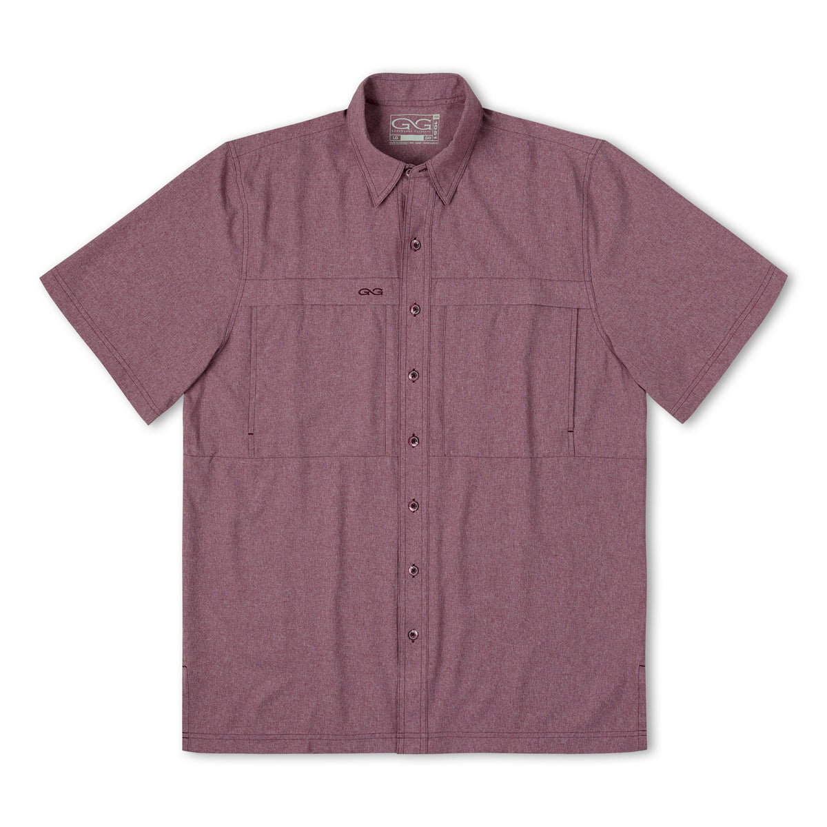 Maroon MicroTek shirt by GameGuard, lightweight athletic shirt with breathable fabric and logo detail, front view.