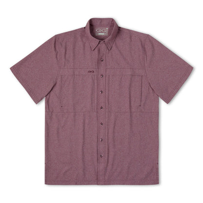 Maroon MicroTek shirt by GameGuard, lightweight athletic shirt with breathable fabric and logo detail, front view.
