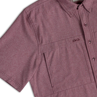 Maroon MicroTek shirt by GameGuard, close-up image showing fabric texture and collar detail.
