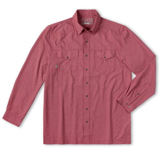 Crimson pearl snap long sleeve shirt by GameGuard featuring classic button snaps and a vibrant crimson color.