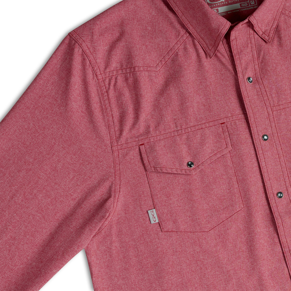 Crimson Pearl Snap Shirt by GameGuard, long sleeve western style shirt with pearl snap buttons, displayed on a plain background.