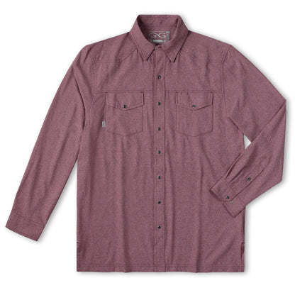 Maroon long sleeve pearl snap shirt by GameGuard featuring a classic Western style with pearl snap buttons.