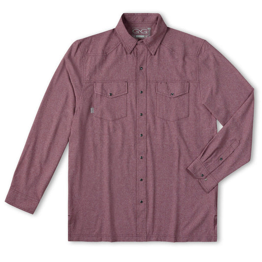 Maroon long sleeve pearl snap shirt by GameGuard featuring a classic Western style with pearl snap buttons.