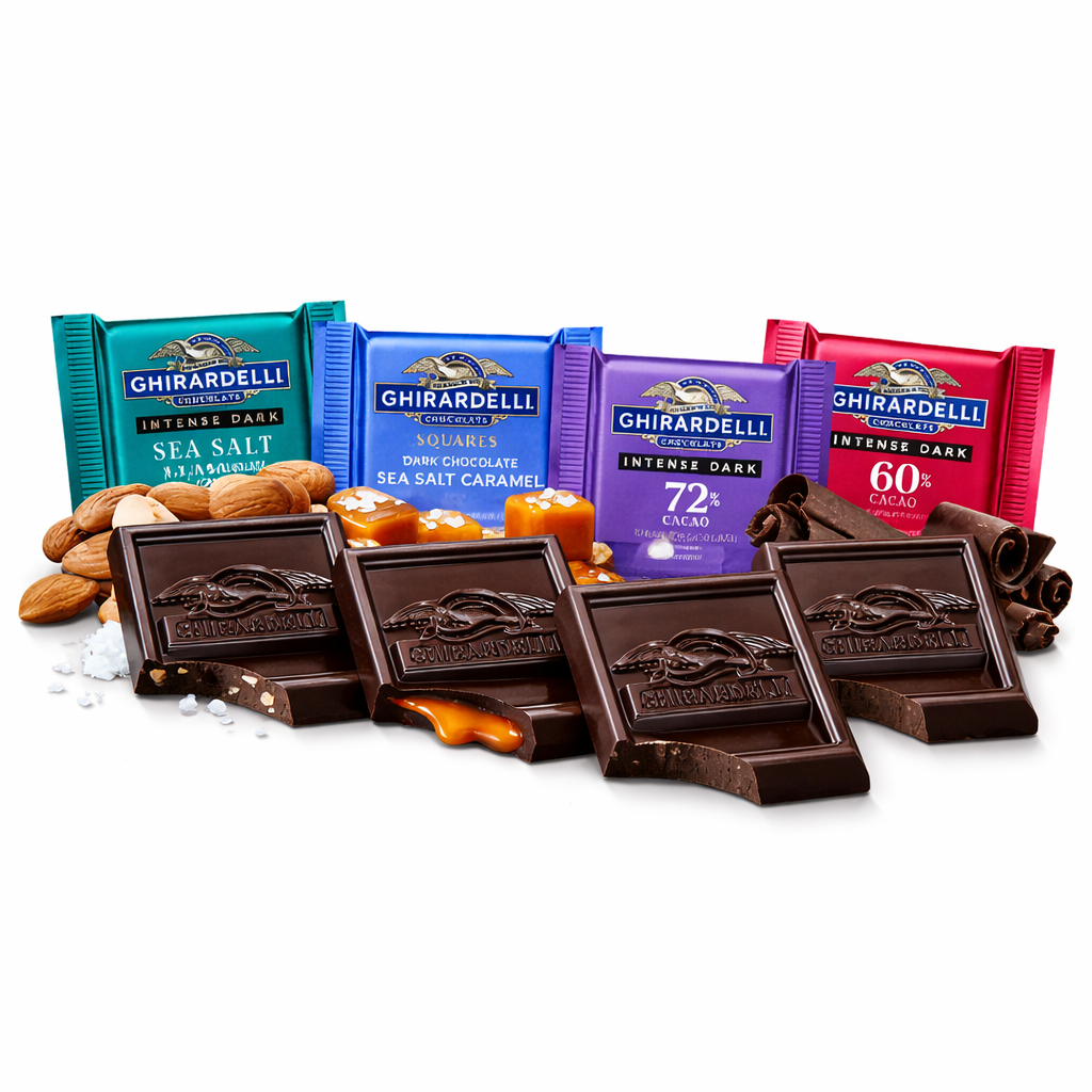 Assorted Ghirardelli dark chocolate squares in a bulk Candy In Bulk bag, showcasing a variety of rich, smooth chocolate pieces.