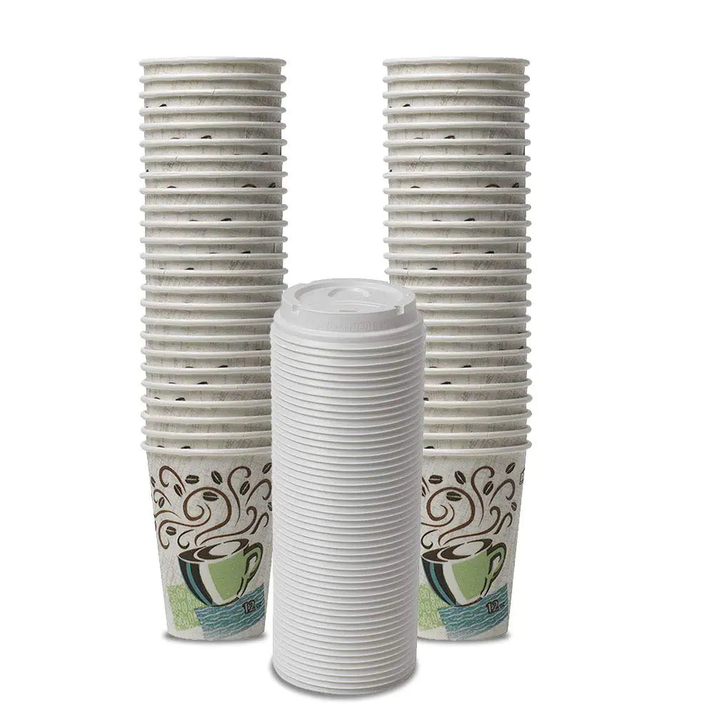 Dixie PerfecTouch WiseSize Coffee Design Insulated Paper Cup 12oz Cups and Lids Bundle (12 oz 50 Cups 50 Lids)