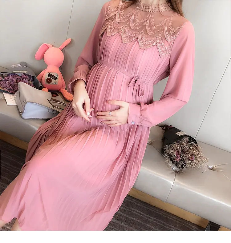 Chic Maternity Dress - Long Sleeve Pleated Chiffon