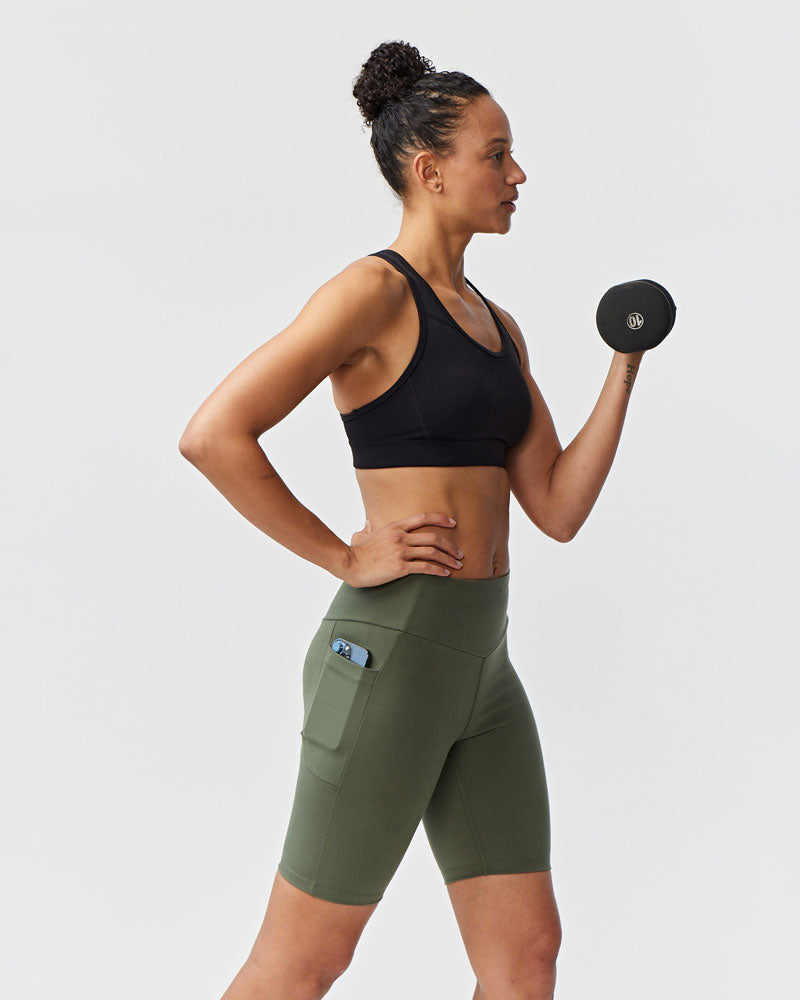 Dark moss Goal Five Go Again Bike Short 8-inch training shorts with a snug fit and athletic design.