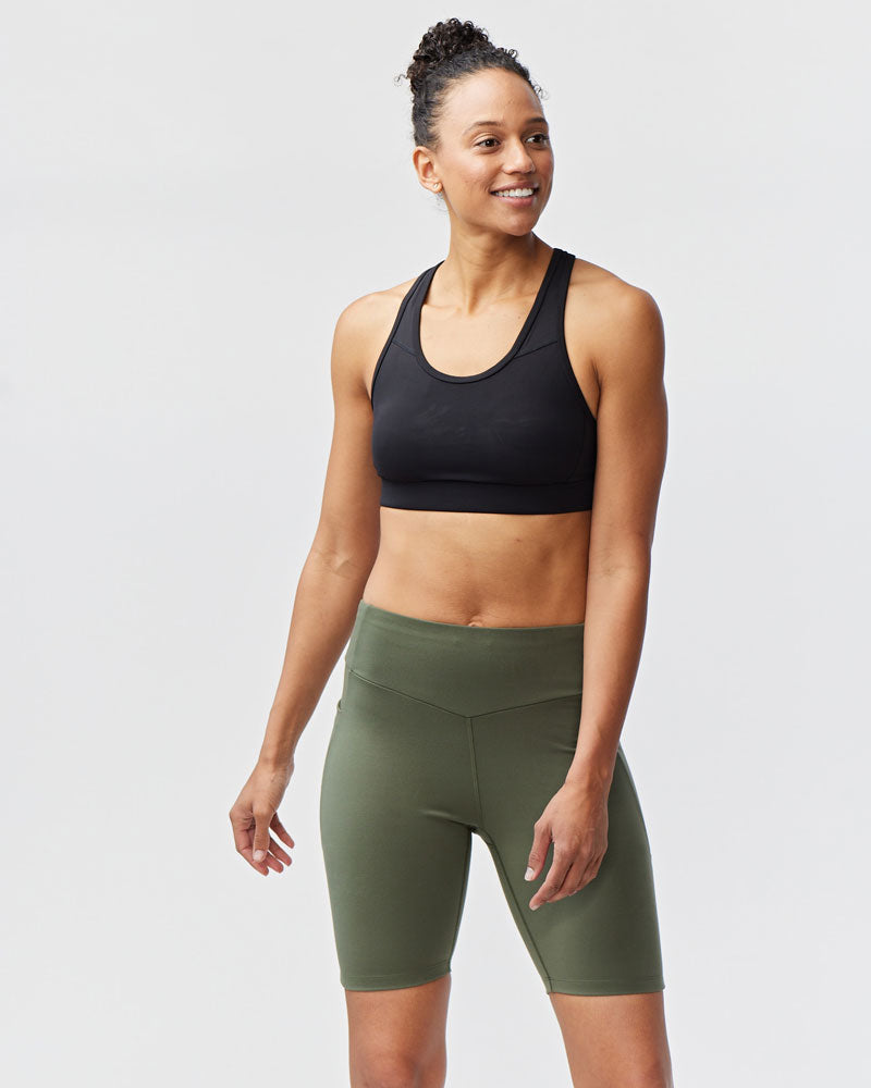 Dark moss green Goal Five Go Again Bike Short 8-inch training shorts with a fitted design and elastic waistband.