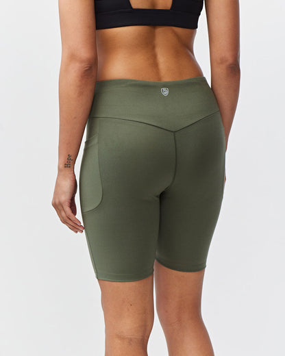 Goal Five Go Again Bike Short 8" training shorts in dark moss color, featuring a comfortable fit and athletic design for cycling.
