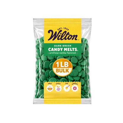 Green Wilton confectionery melting wafers in a 1lb bulk bag, ideal for chocolate decorating and baking.