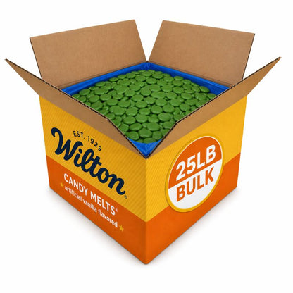 Green Wilton confectionery melting wafers in a 25lb bulk bag, perfect for chocolate decorating and candy making by Candy In Bulk.