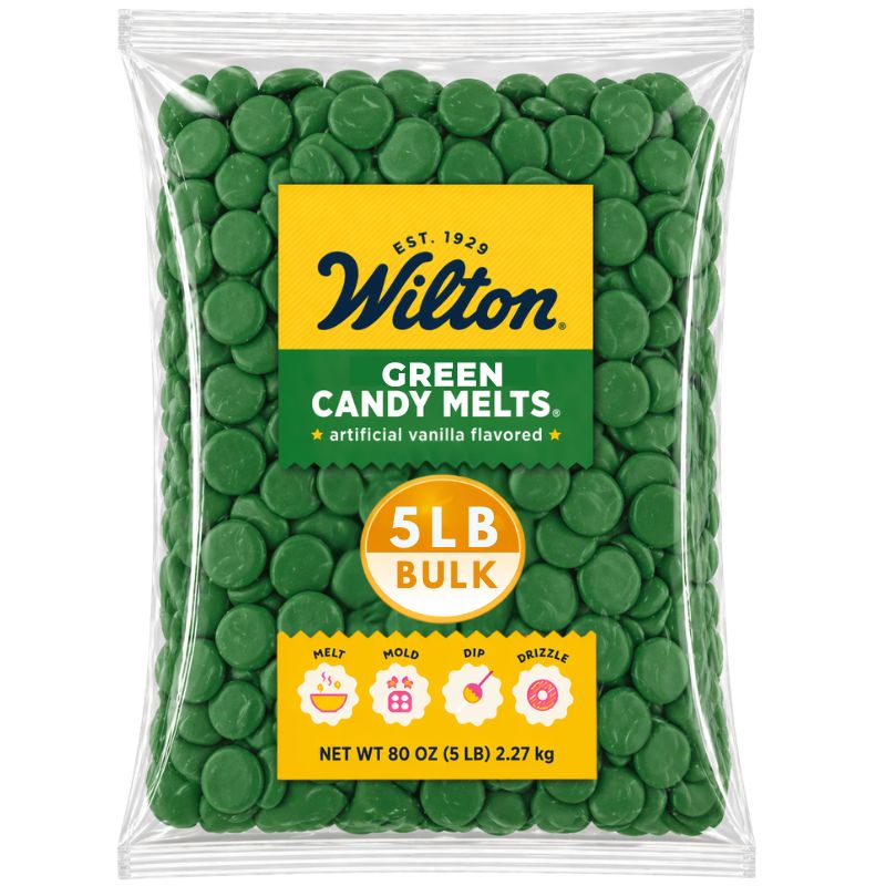 Green Wilton chocolate confectionery melting wafers in a 5-pound bulk bag by Candy In Bulk.