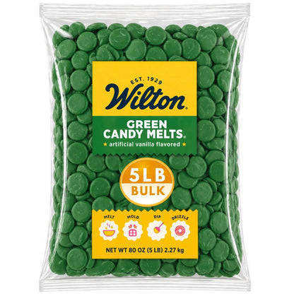 Green Wilton chocolate confectionery melting wafers in a 5-pound bulk bag by Candy In Bulk.