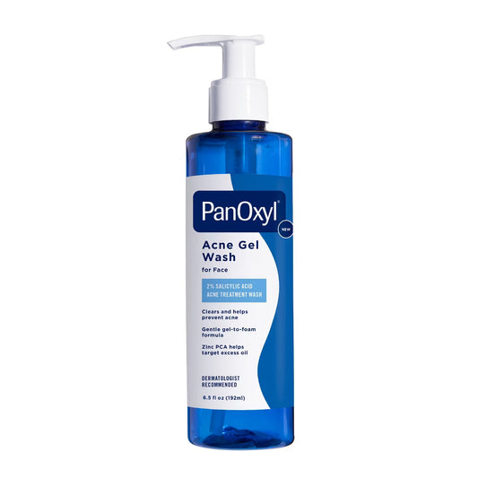 PanOxyl 2% Salicylic Acid Acne Treatment Gel Wash in 6.5 oz bottle, featuring clear gel and label with product details.