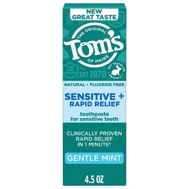 Toms Of Maine Rapid Relief Sensitive Fluoride-Free Toothpaste in Gentle Mint flavor, 4.5 oz, shown in its tube packaging.