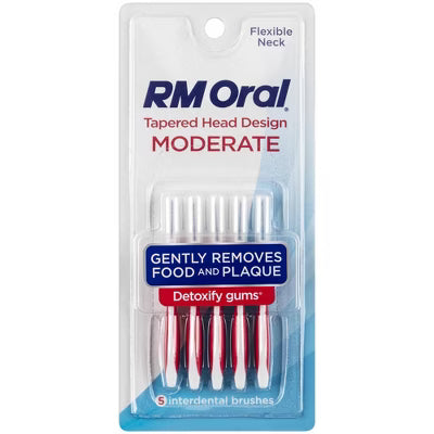 Set of five Pasteur Pharmacy RM Oral Moderate Interdental Brushes for effective interdental cleaning in oral care.