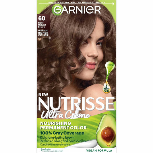 Garnier Nutrisse Ultra Color Nourishing Color Creme in 60 Light Natural Brown, showing the hair color and packaging.