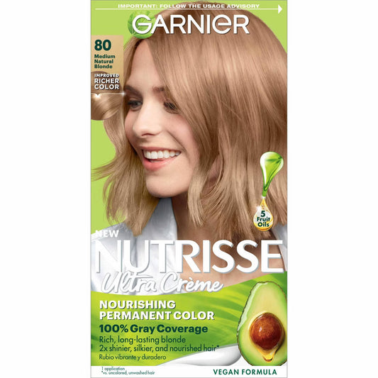 Garnier Nutrisse Ultra Color Nourishing Hair Color Creme in 80 Medium Natural Blonde Butternut shade, showing the product packaging and color tube.