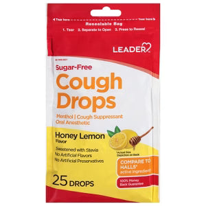 Leader™ Sugar-Free Honey Lemon Cough Drops in a 25-pack, soothing medicine and drug for cough relief, branded by Pasteur Pharmacy.