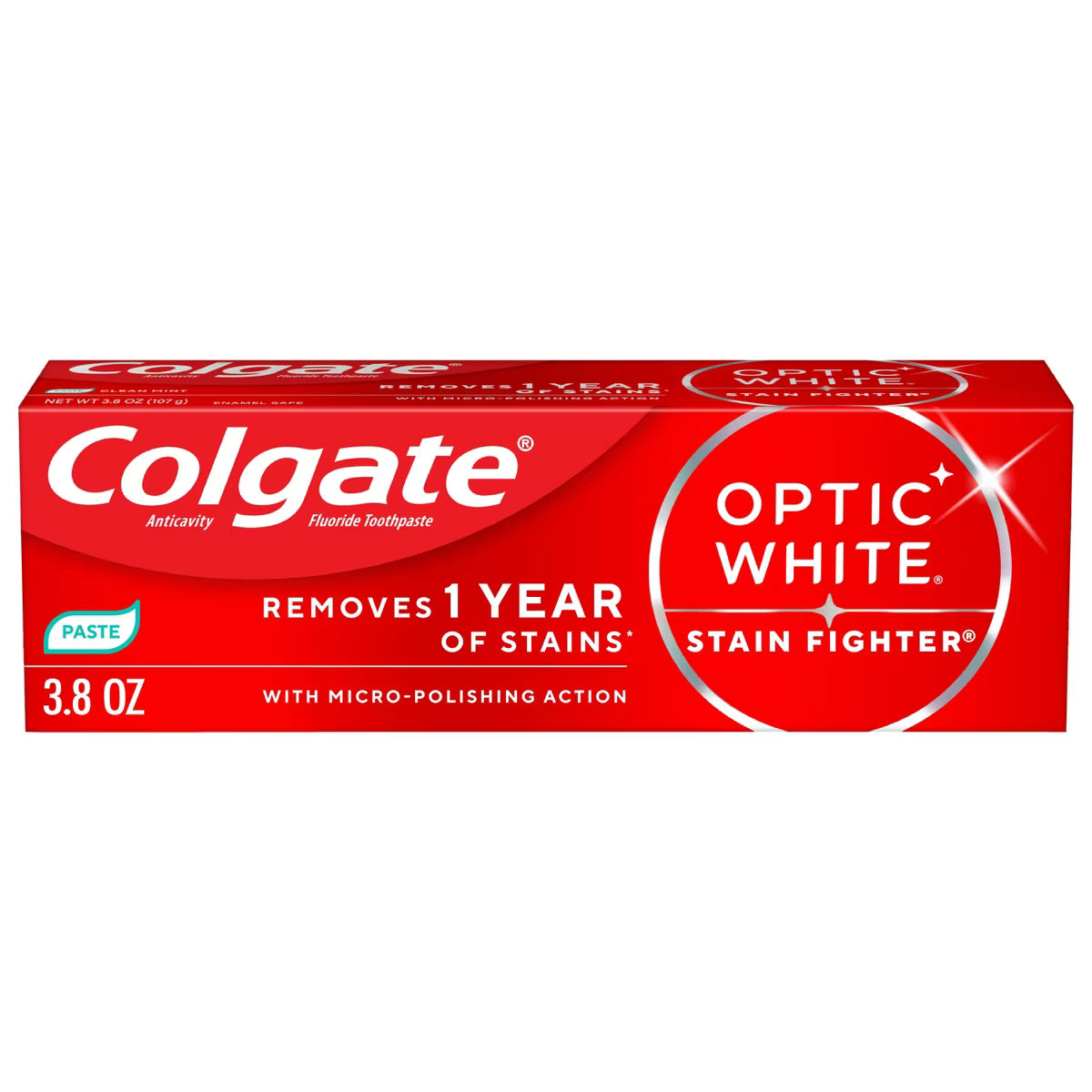 Colgate Optic White stain fighter clean mint toothpaste in 3.8 oz tube, featuring anticavity formula for bright, healthy teeth
