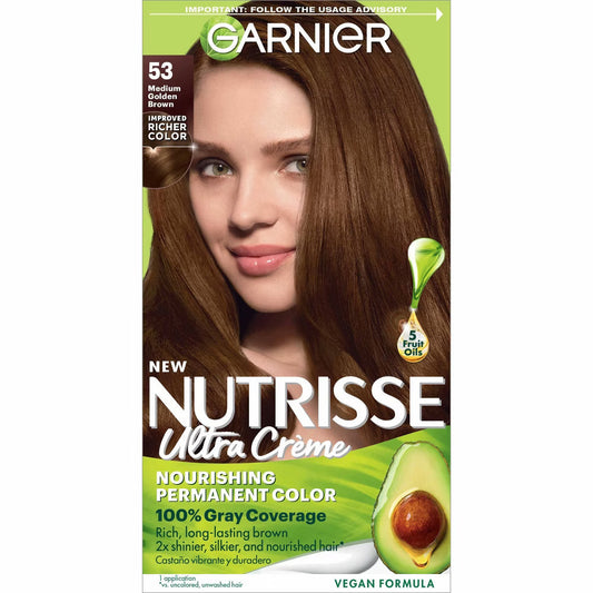Garnier Nutrisse Ultra Color Nourishing Color Creme in 53 Medium Golden Brown hair color, showing the creamy hair dye product.