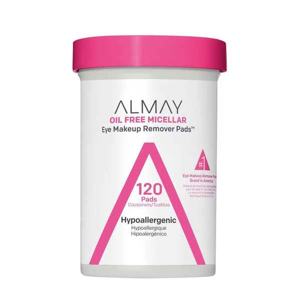 Almay biodegradable oil-free micellar eye makeup remover pads in a 120-count package, designed for gentle eye makeup removal.