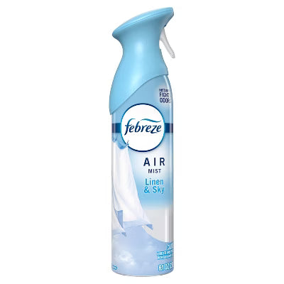Febreze Linen & Sky Air Refresher Spray in 8.1 oz bottle, home fragrance odor eliminator for freshening indoor air.