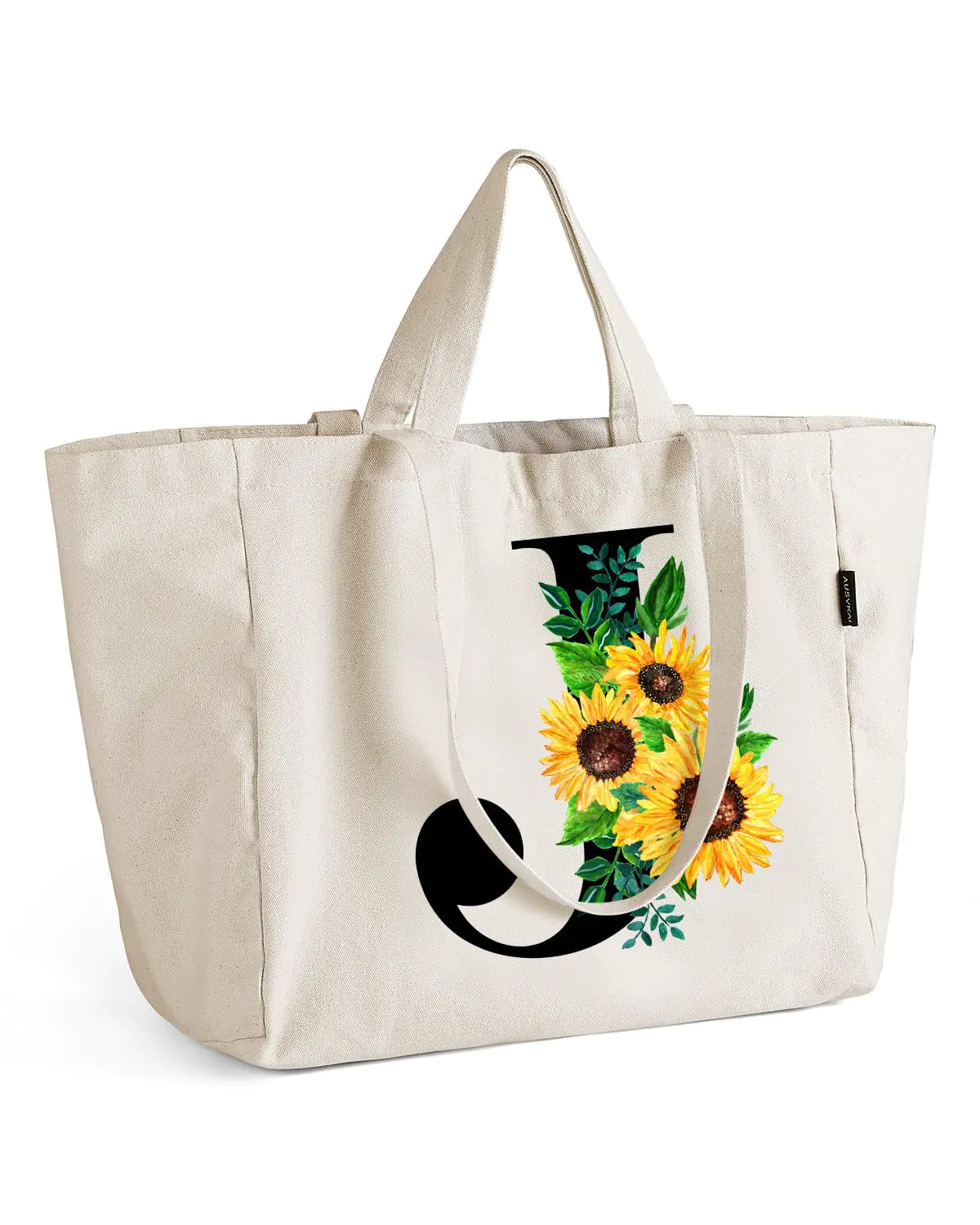 AUSVKAI Canvas Tote Bag for Women Cute Aesthetic Sunflower Initial Monogram Personalized Birthday Reusable vintage Bags with zipper for Grocery Shopping Gift J