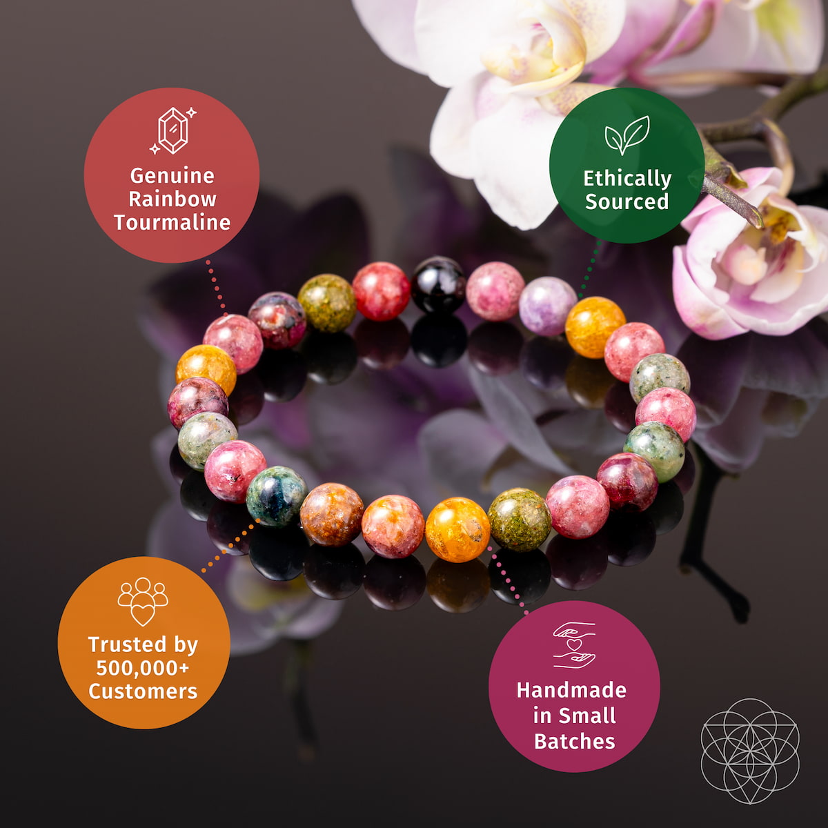 Rainbow Tourmaline bracelet called The Spiral Breaker by Conscious Items featuring vibrant rainbow-colored stones on a delicate bracelet.