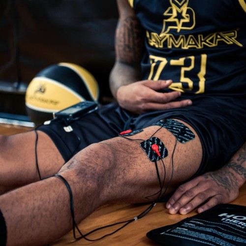 iReliev SPORT TENS + EMS muscle stimulator device with controls and electrodes for pain relief and muscle therapy.
