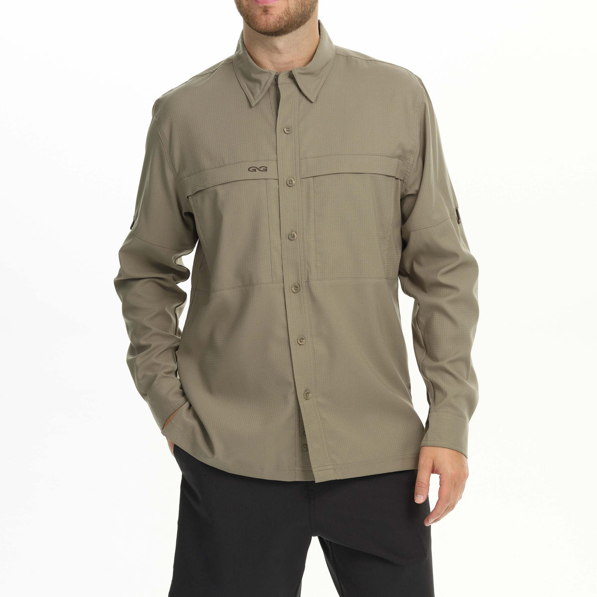 Long sleeve GameGuard Mesquite Scout Shirt in camouflage, designed for outdoor activities and hunting.