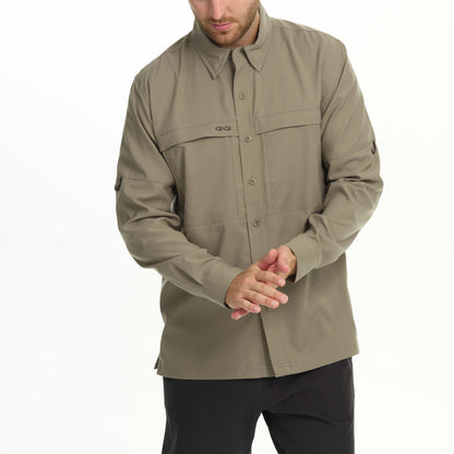 Long sleeve GameGuard Mesquite Scout Shirt with camouflage pattern and button-up front, designed for outdoor activities and hunting.