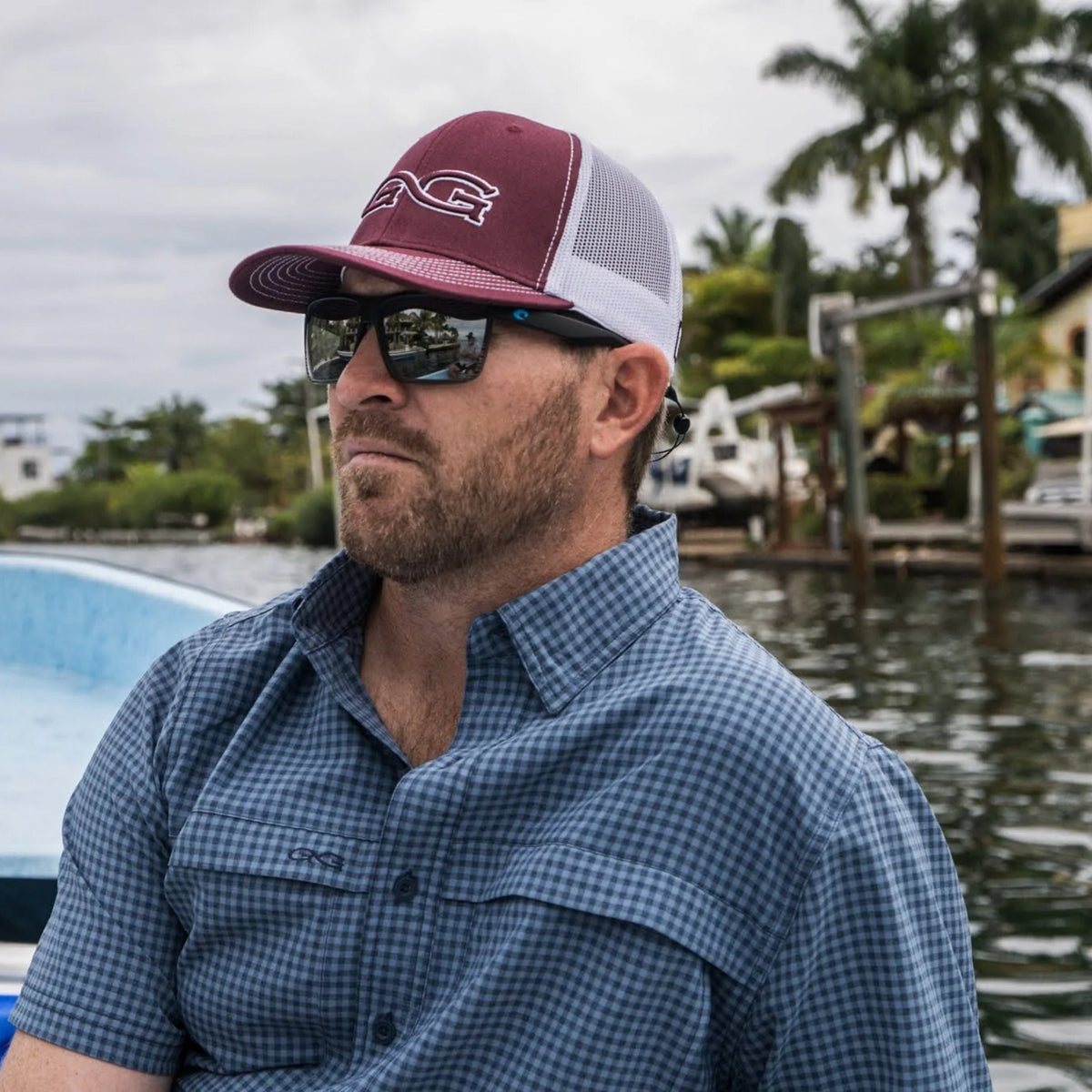 GameGuard Slate TekCheck Shirt featuring a checkered pattern, long sleeves, and a classic collar in durable fabric.