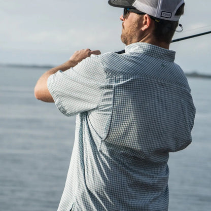 GameGuard Oceanic TekCheck shirt with blue and white checkered pattern, long sleeves, and collar, displayed on a mannequin.