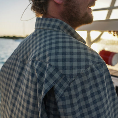 Men's Mesquite Pearl Snap Shirt by GameGuard, showing the stylish pearl snap buttons and patterned fabric detail.
