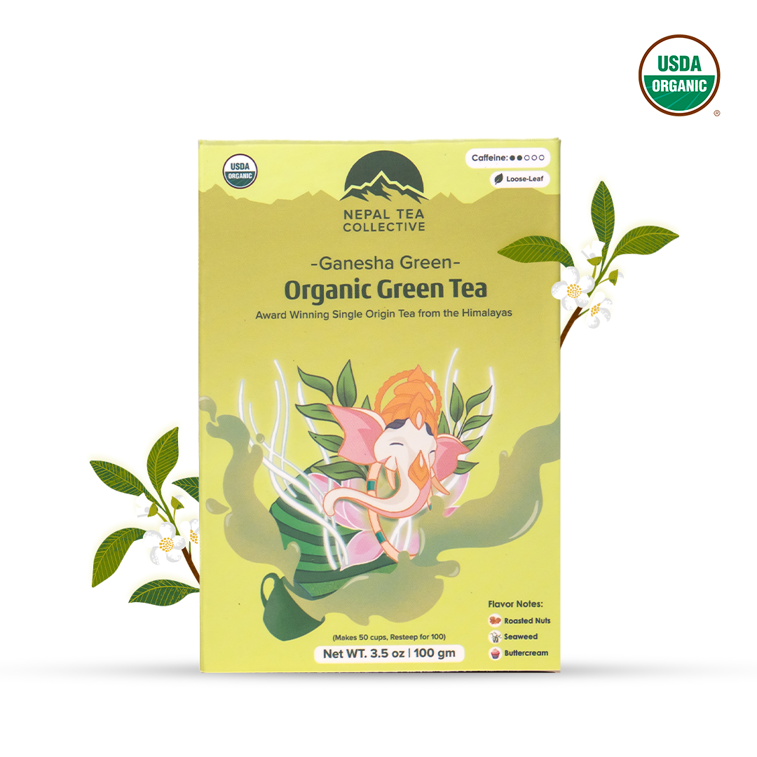 Organic Ganesha Green Tea by Nepal Tea featuring a vibrant green tea leaf blend in a clear tea cup.