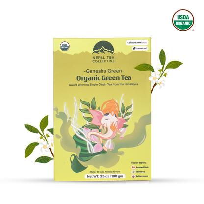 Organic Ganesha Green Tea by Nepal Tea featuring a vibrant green tea leaf blend in a clear tea cup.