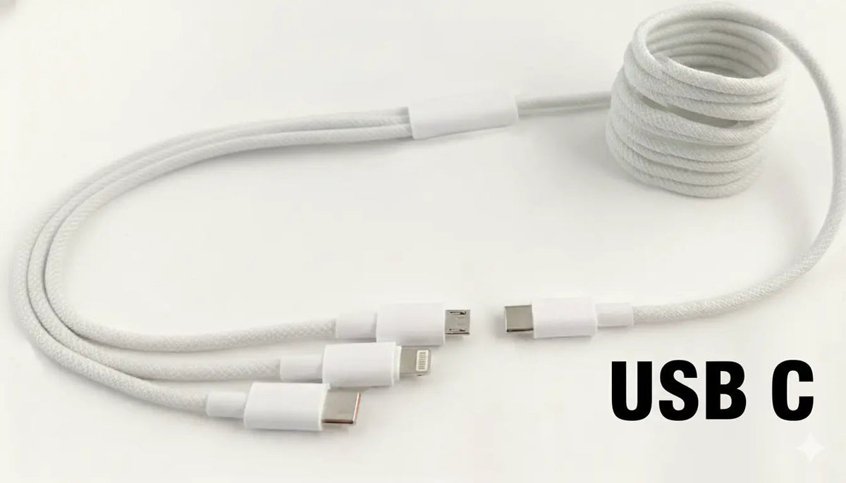 MedPat Solutions 3-in-1 braided phone charging cable with USB-A and USB-C inputs, shown with flexible braided design.