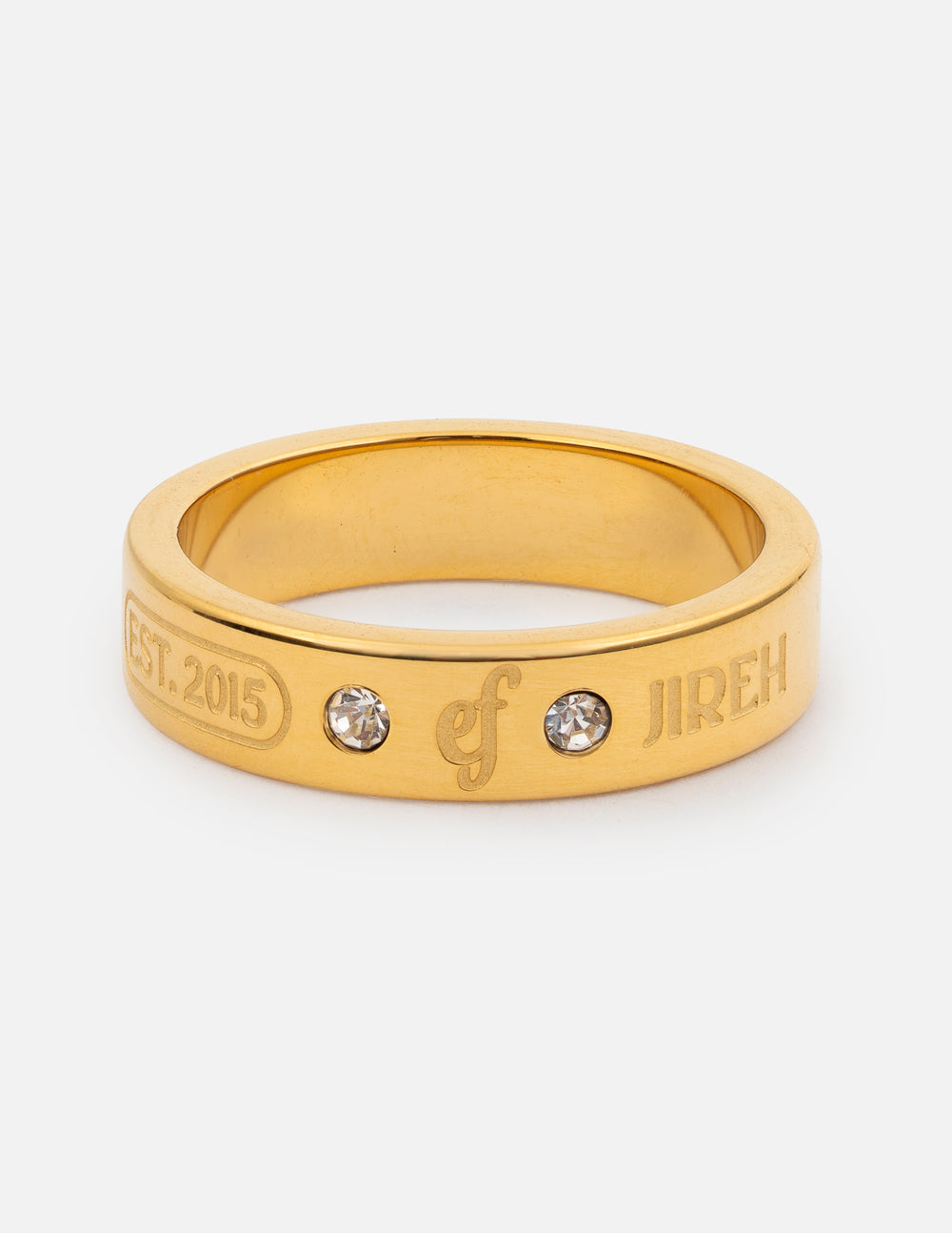 Elevated Faith gemstone logo ring featuring colorful gemstones set in a stylish gold band.